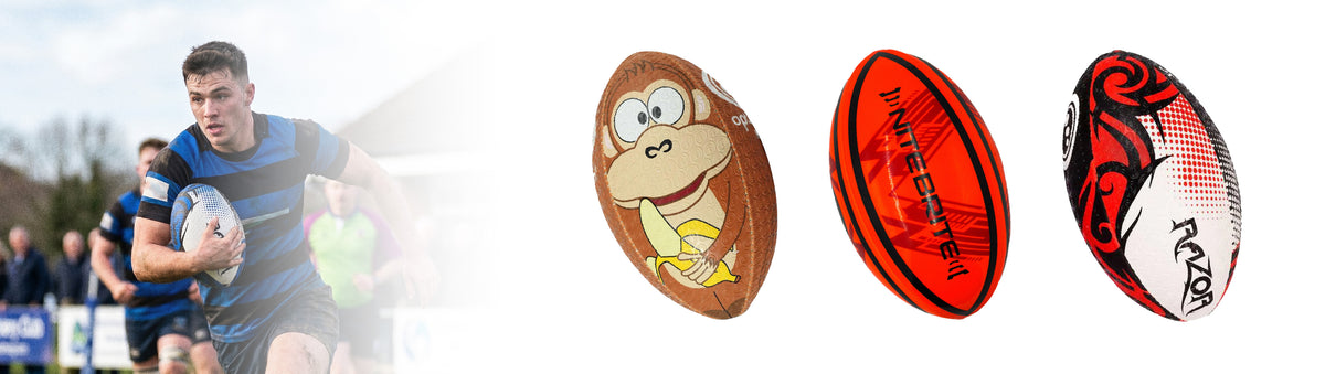Rugby banner with player carrying ball and three Optimum rugby balls: monkey novelty, red Nitebrite and Razor - Optimum