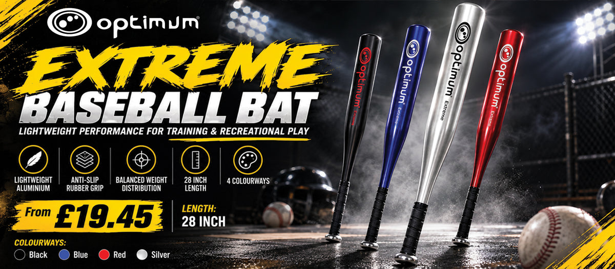 Extreme Baseball Bat promo banner with black, blue, silver and red Optimum bats in a stadium, from £19.45 - Optimum