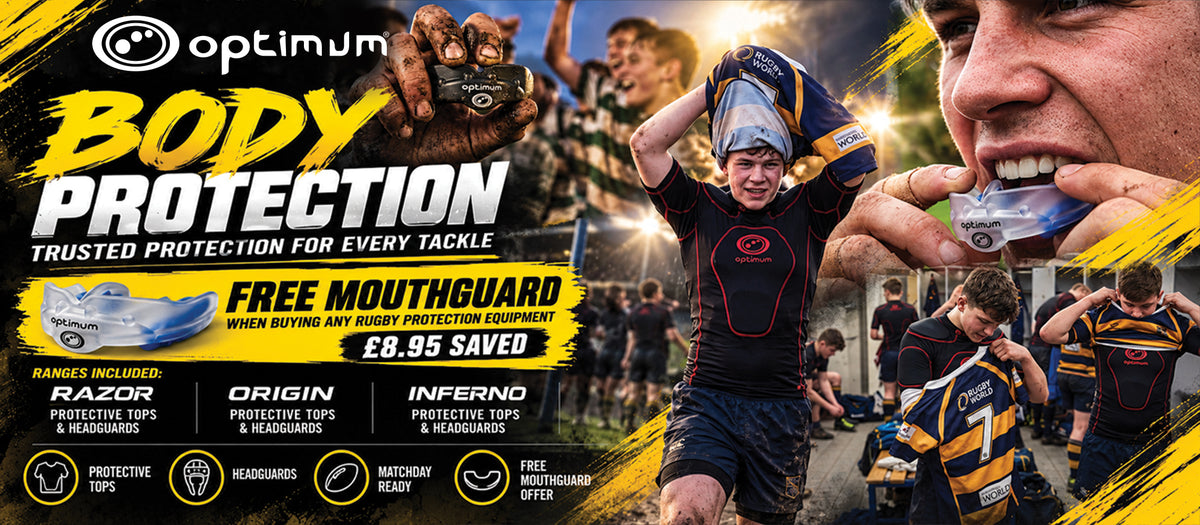 Body Protection promo banner, junior rugby players in Optimum protective tops, free mouthguard worth £8.95 - Optimum