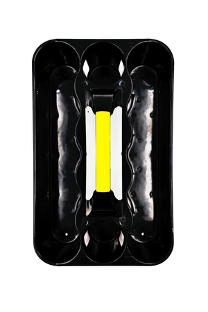 Top-down view of empty black Optimum bottle carrier showing compartments and yellow grip - Optimum