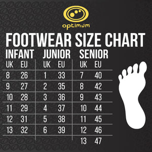 Optimum footwear size chart showing infant, junior and senior UK and EU sizes, yellow logo on black - Optimum