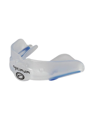 Clear Optimum Matrix mouthguard with blue accents and black logo, side view on white - Optimum