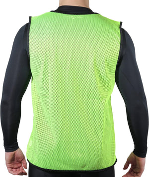 Fluorescent yellow mesh Optimum training bib worn by a man over black top, rear view, on white - Optimum