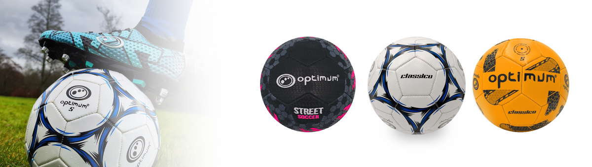 Football banner with boot on Optimum ball and three footballs: black-pink Street Soccer, white and orange Classico - Optimum
