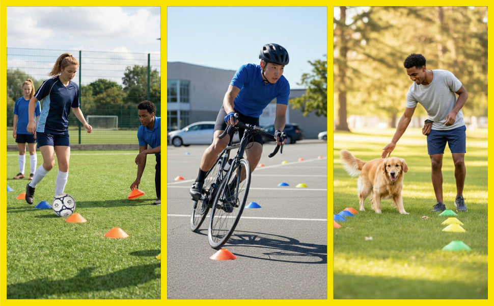 Three-photo feature graphic of football, cycling and dog training around coloured saucer marker cones - Optimum