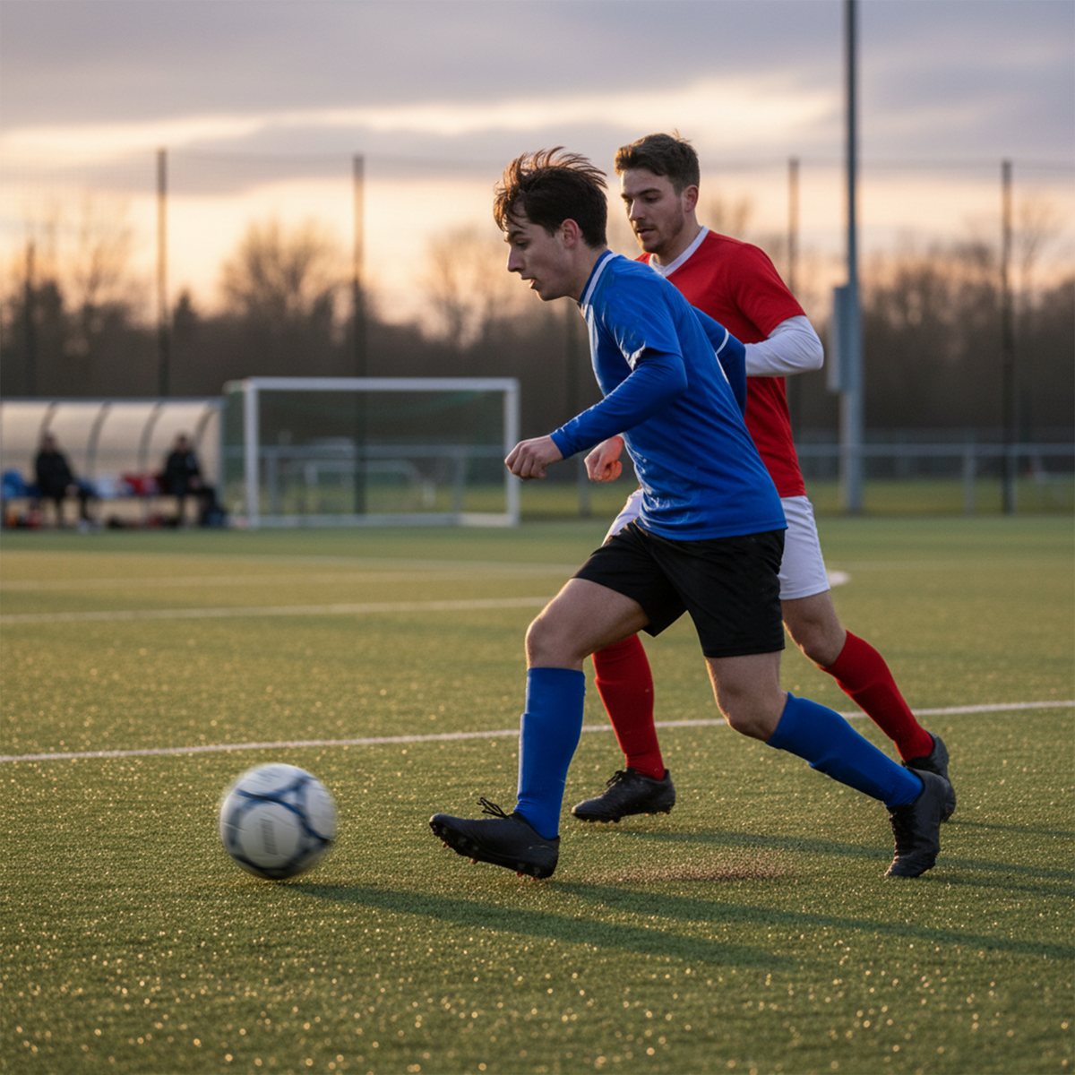 Two footballers in blue and red kits competing for a blue and white football at dusk - Optimum