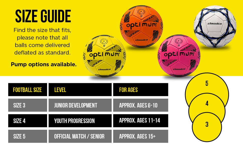 Info graphic: Classico football size guide - sizes 3, 4, 5 by age and level - Optimum