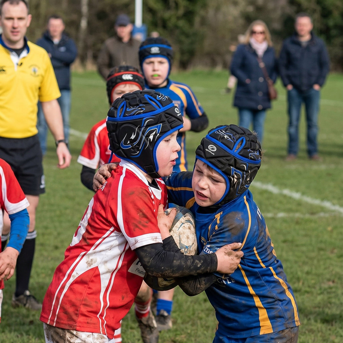 Two young rugby players in red and blue uniforms playing on a grass field with spectators in the background.