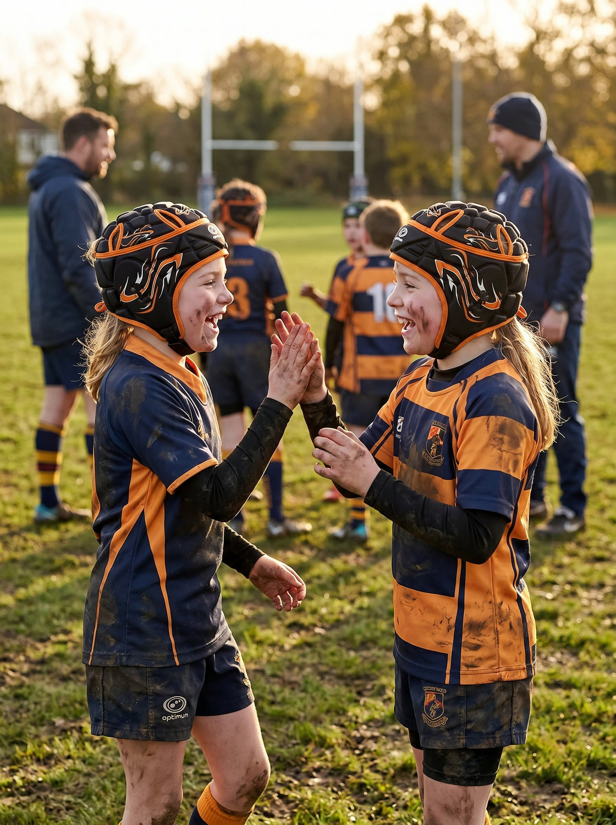 Lifestyle photo of two junior rugby players high-fiving in navy and orange scrum caps and muddy kit on pitch - Optimum