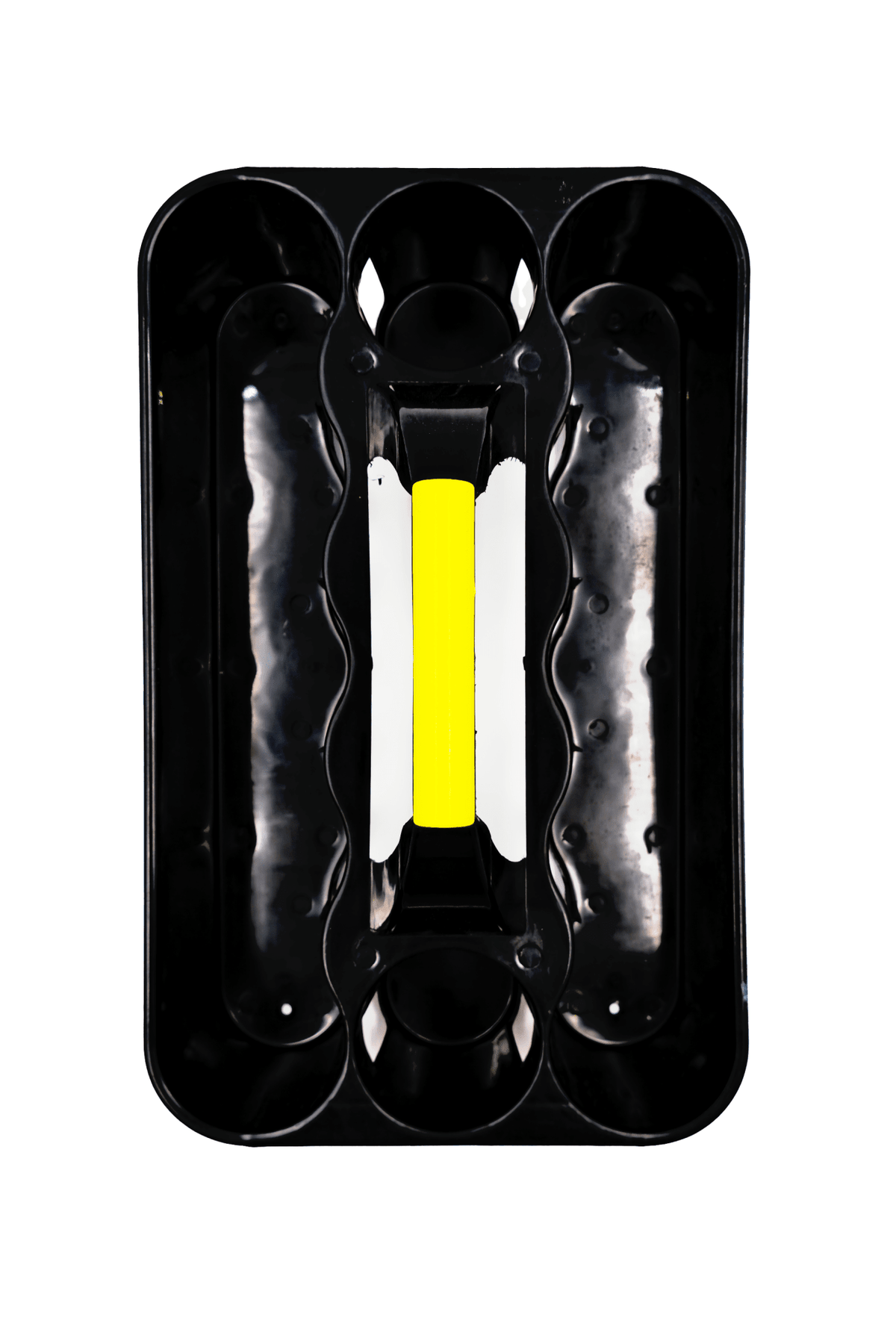 Top-down view of empty black Optimum bottle carrier showing compartments and yellow grip - Optimum
