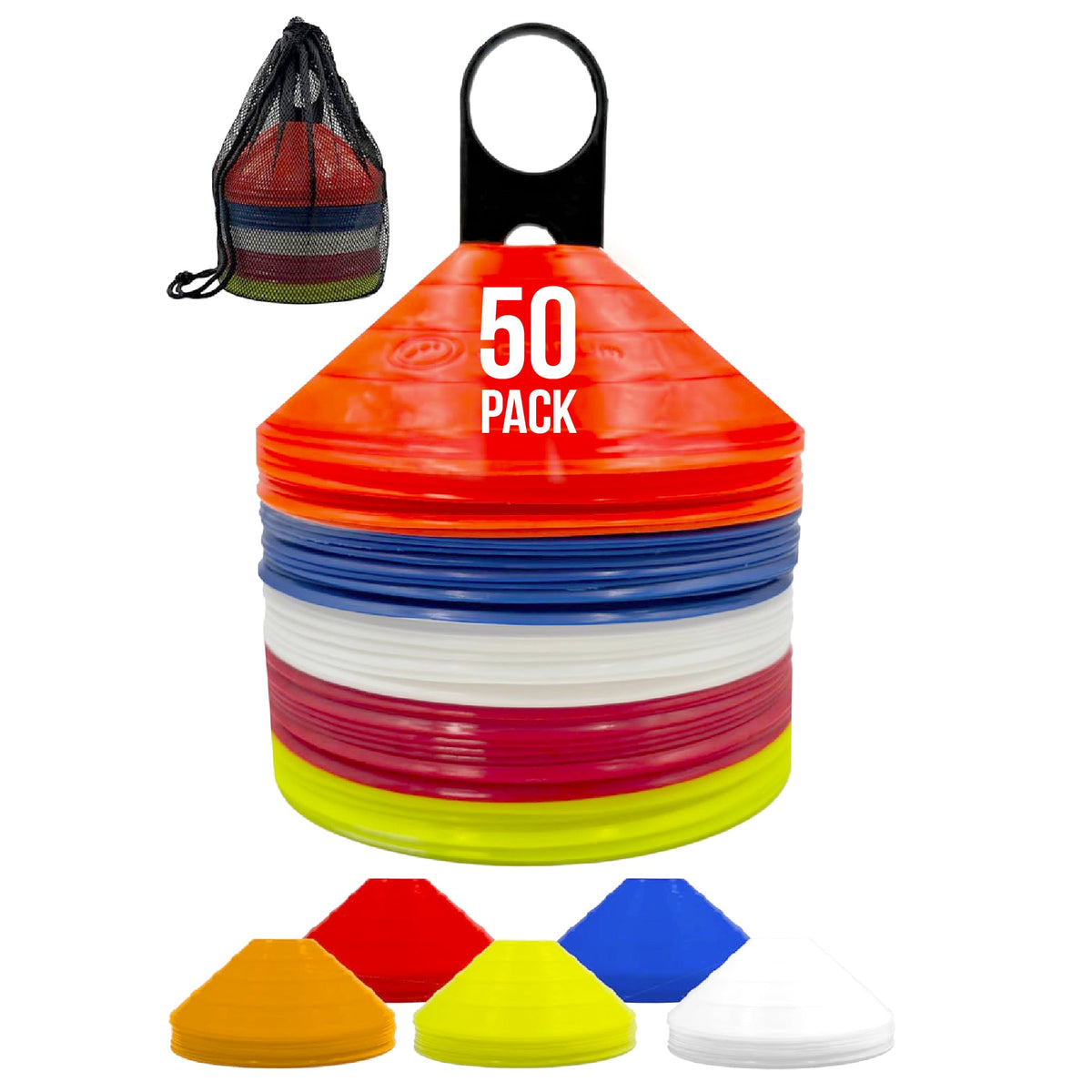 Marker cones 50-pack: stacked red, blue, white, yellow and orange saucer cones with mesh carry bag - Optimum