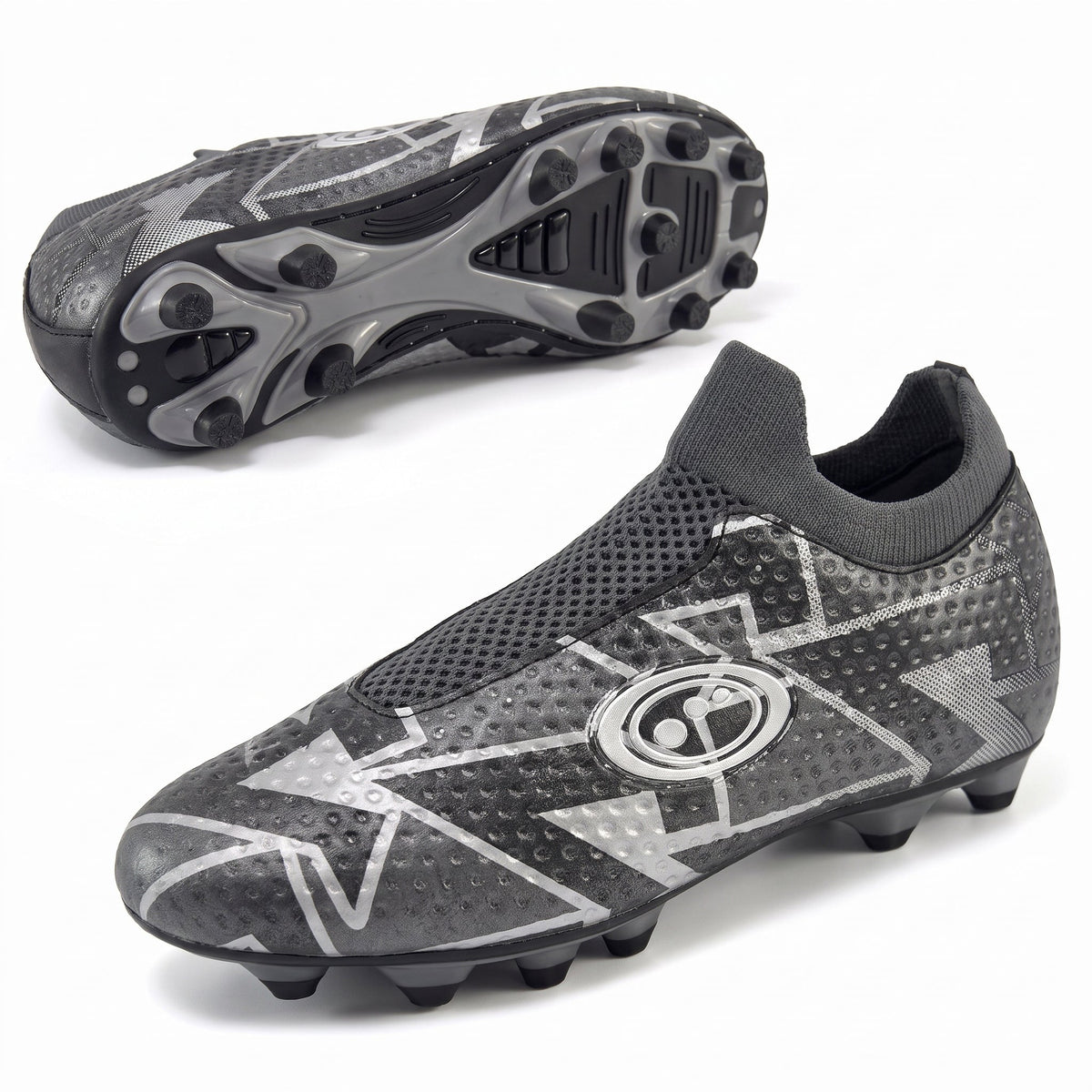 Black Optimum Aztec laceless football boot, side and sole views showing moulded studs and sock collar - Optimum
