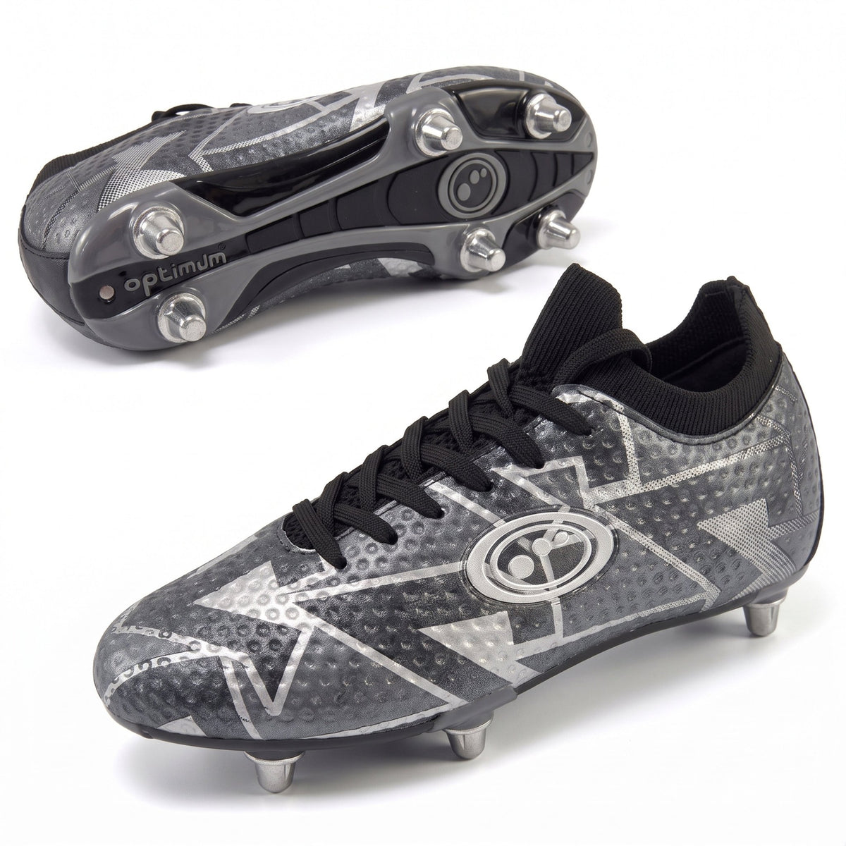 Black Optimum Aztec rugby boot, side profile and sole views showing screw-in metal studs and lace-up - Optimum