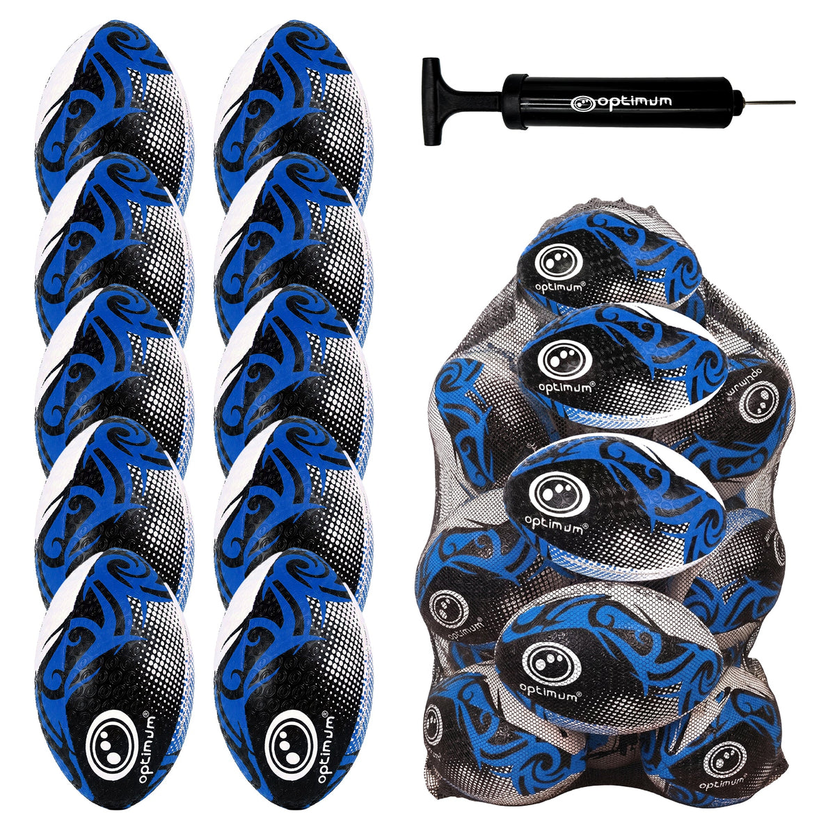 Optimum Bulk Razor Rugby Ball in Blue — pack of 10 with free pump and carrier