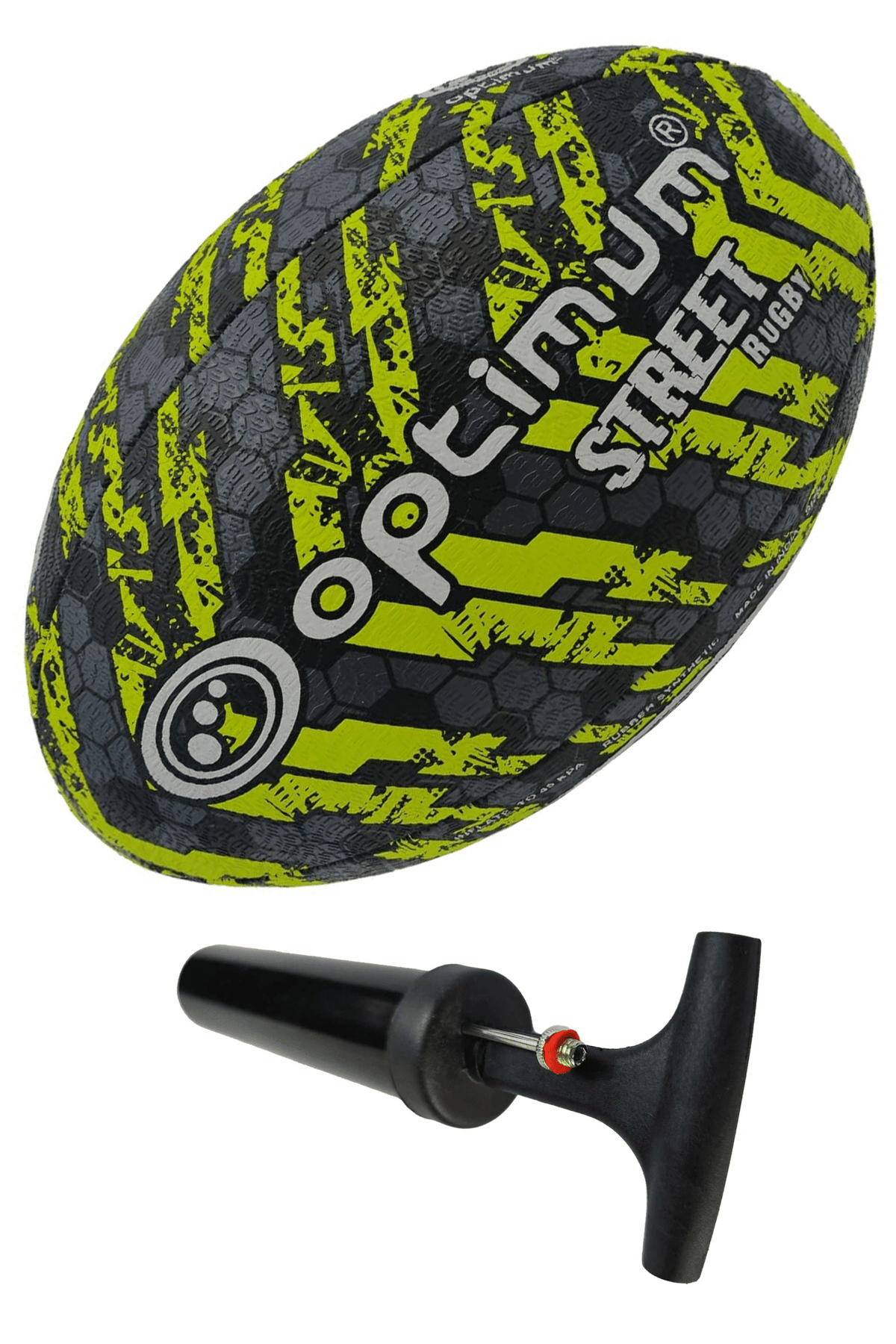 Optimum Street Rugby Ball Black/Yellow Size 5 with pump