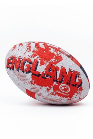White and red Optimum England rugby ball with ENGLAND print and logo, resting on its side on white - Optimum