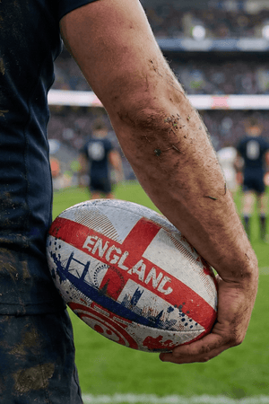 Muddy player holding a white and red Optimum England rugby ball with ENGLAND print in a stadium - Optimum