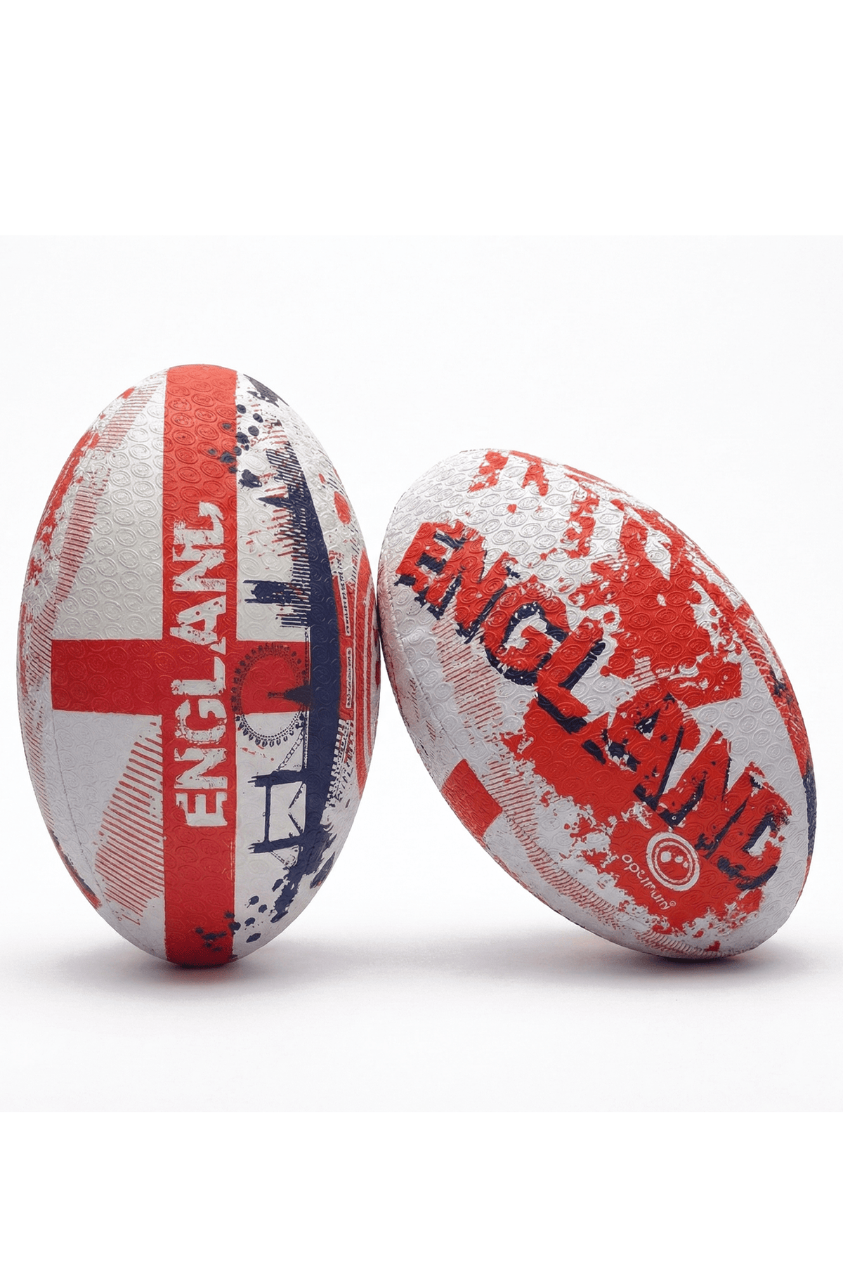 Two white and red Optimum England rugby balls with St George's cross and ENGLAND print on white - Optimum