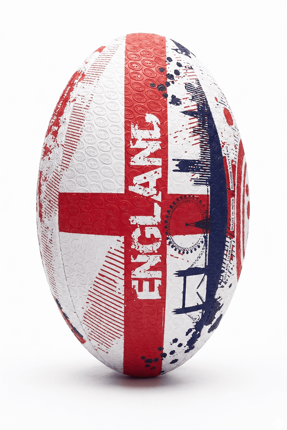 White and red Optimum England rugby ball with St George's cross and ENGLAND print, upright on white - Optimum