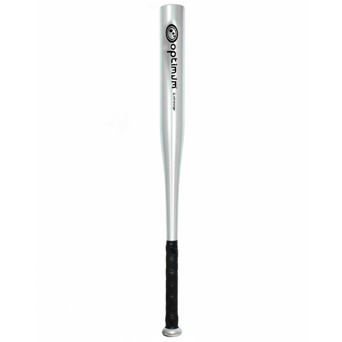 Silver Optimum Extreme aluminium baseball bat with black grip, upright on white - Optimum