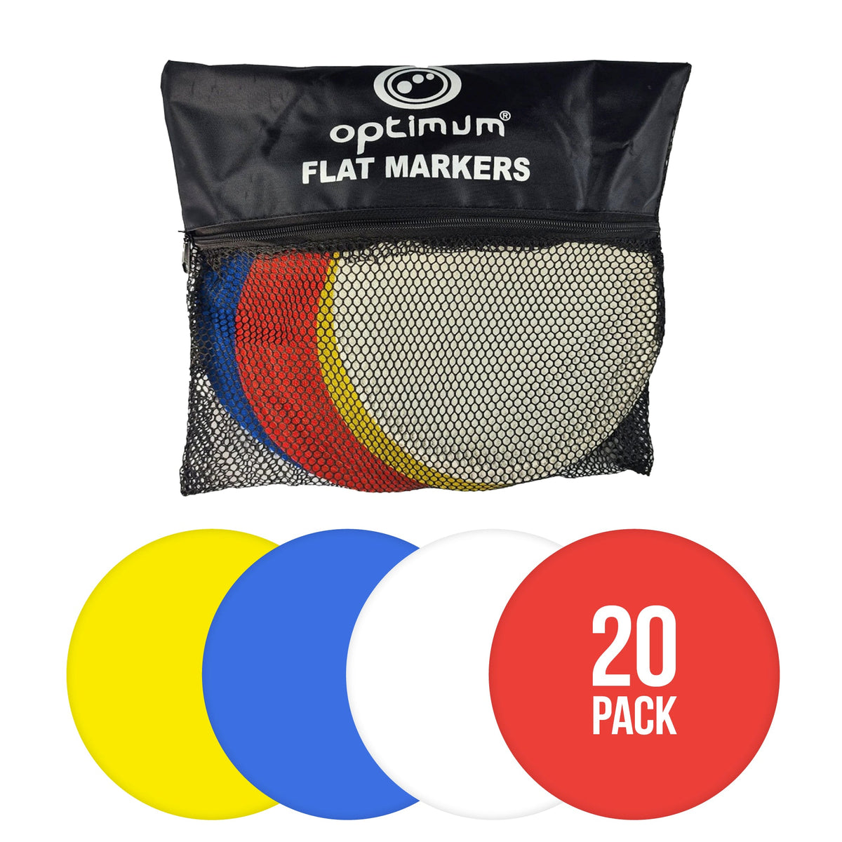 Optimum flat markers 20-pack: yellow, blue, white and red discs with black mesh carry bag on white - Optimum