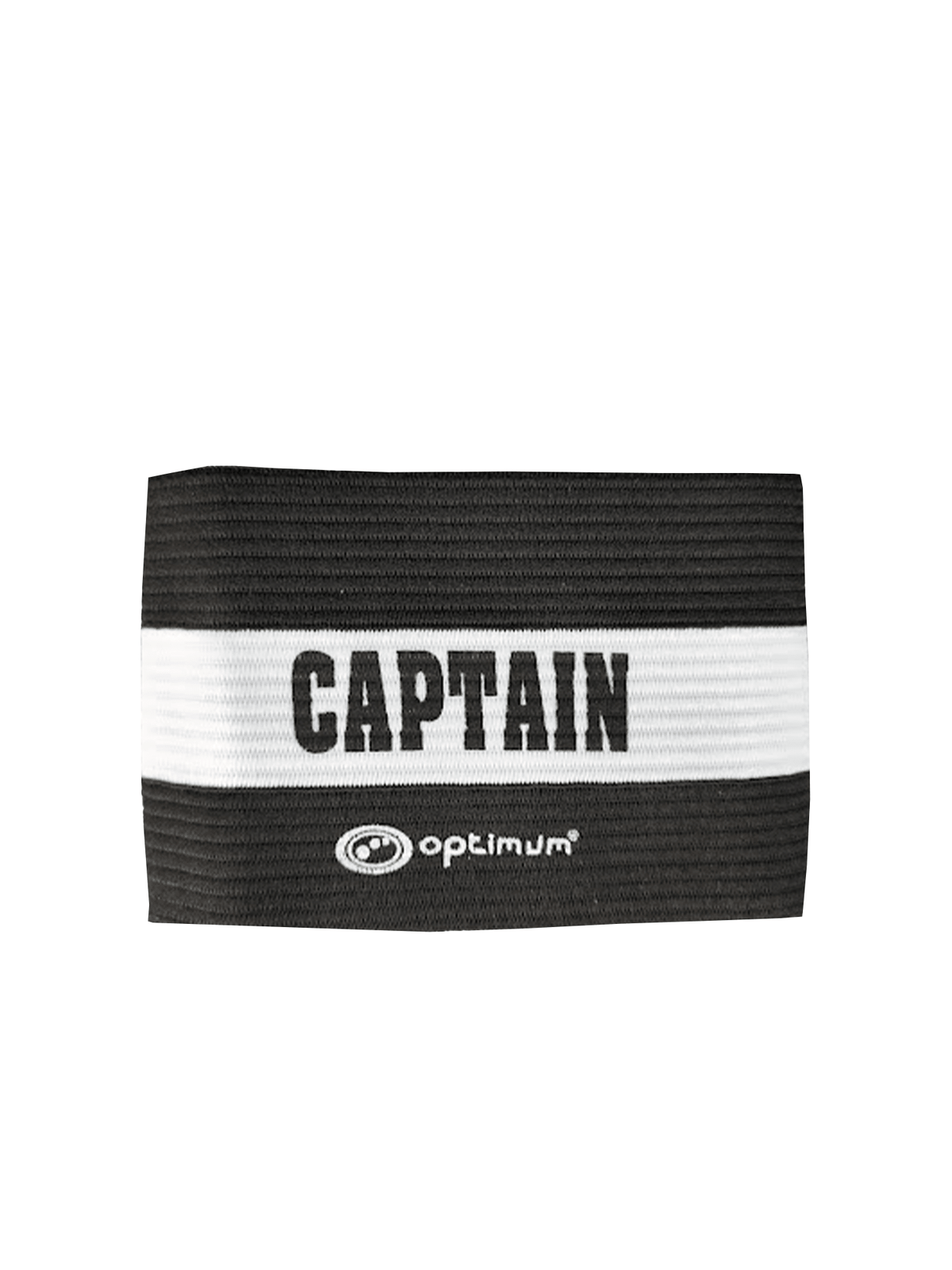 Black Optimum captain's armband with white stripe reading CAPTAIN and logo, on white - Optimum