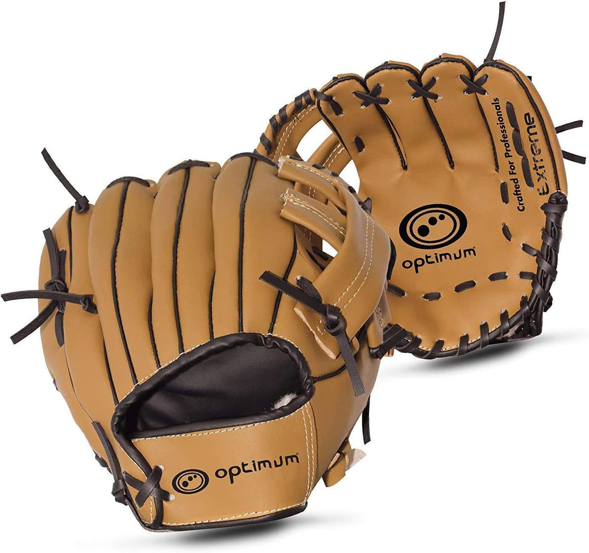 Two tan Optimum baseball gloves showing front pocket and back with Extreme logo, on white - Optimum
