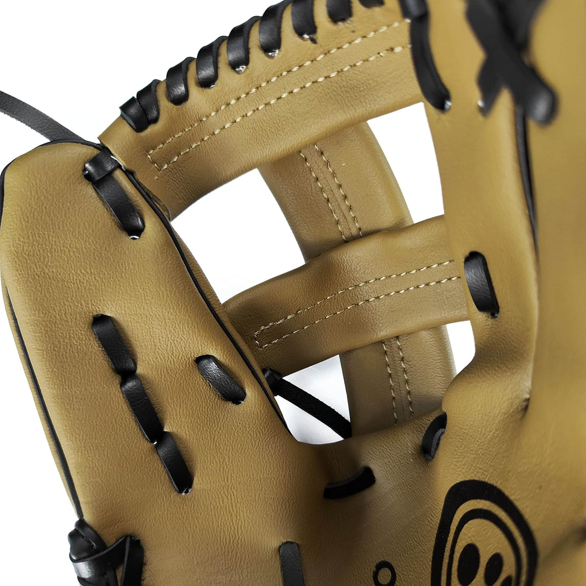 Close-up of tan Optimum baseball glove webbing and black lacing with logo - Optimum