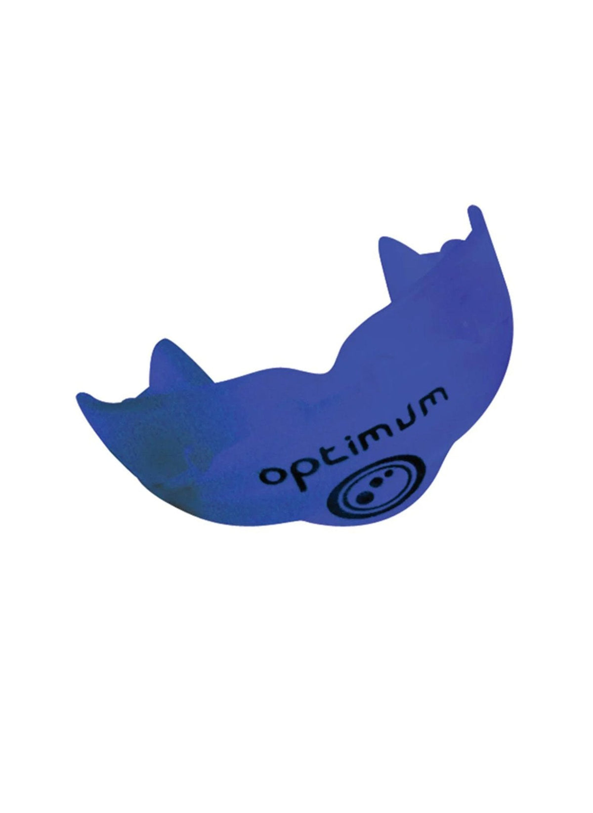Blue Optimum Matrix mouthguard with black logo print, moulded U-shape on white background - Optimum