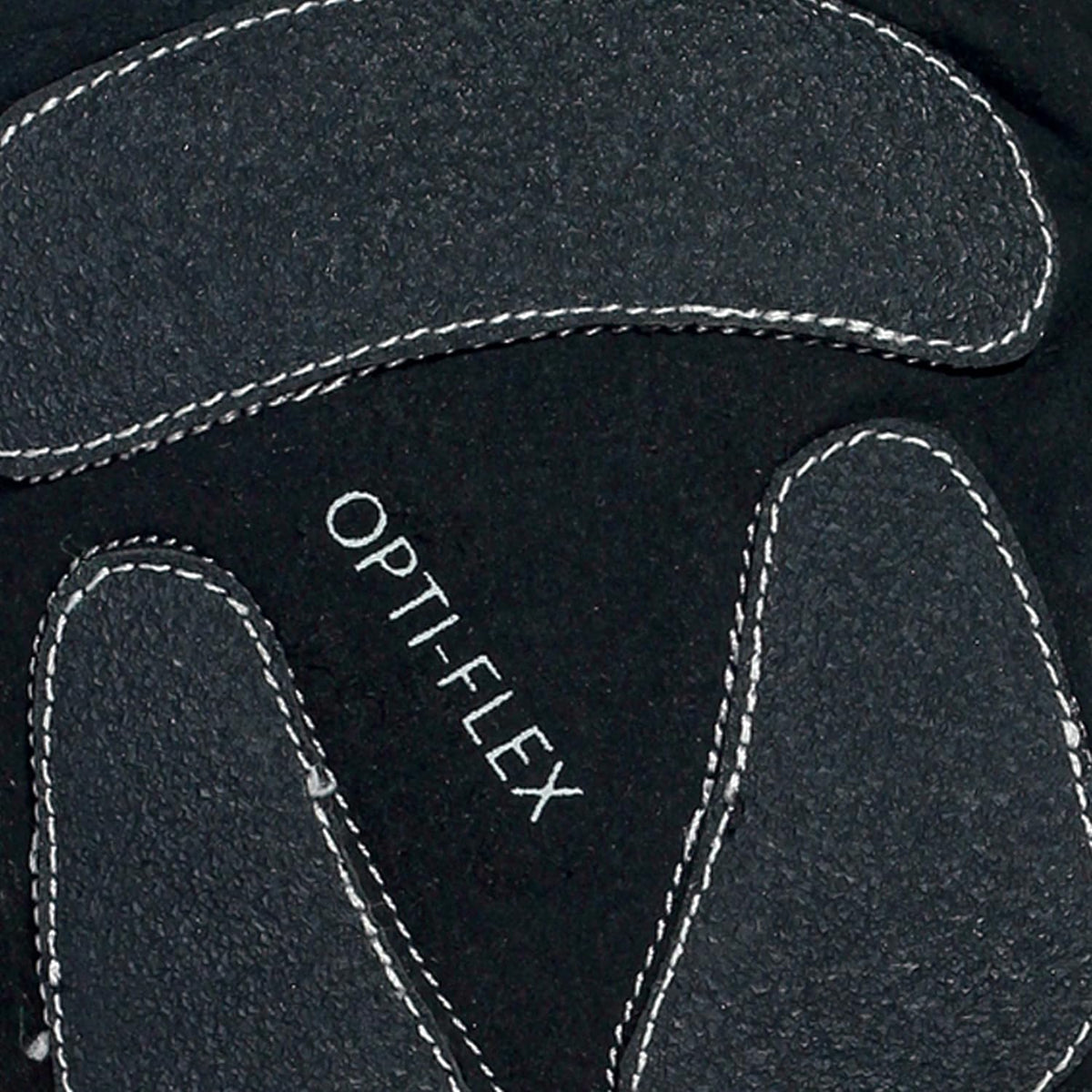 Close-up of black glove palm with grey Opti-Flex padding and white stitching - Optimum