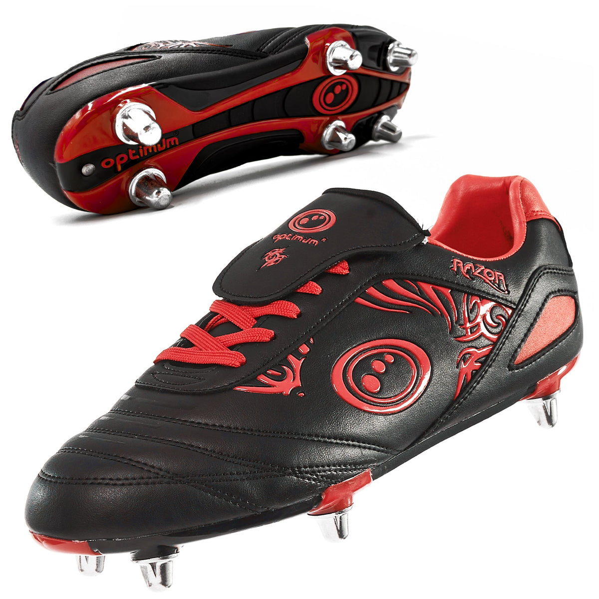 Optimum Razor Junior Rugby Boots Red/Black – 6-stud metal traction and lightweight lace-up features