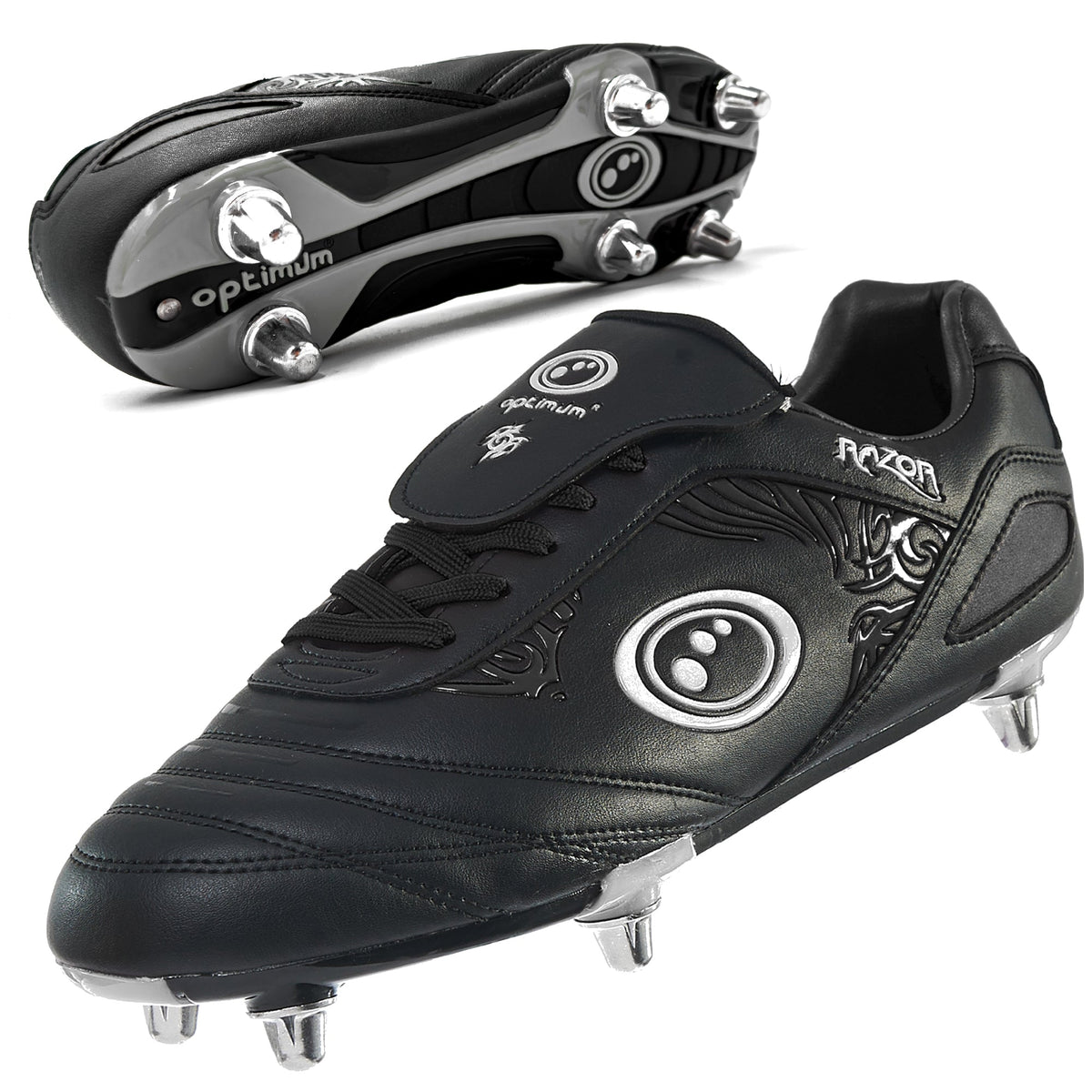 Optimum Razor Junior Rugby Boots Silver/Black – 6-stud metal traction and lightweight lace-up features