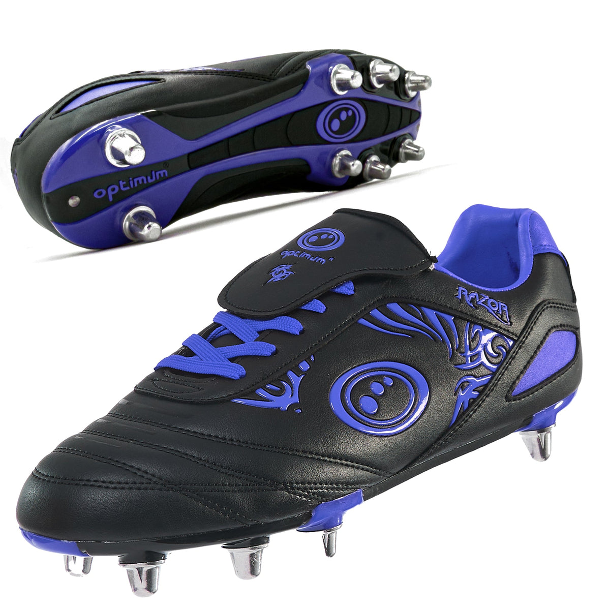 All-black Optimum Razor rugby boot with screw-in studs, side view on white background - Optimum