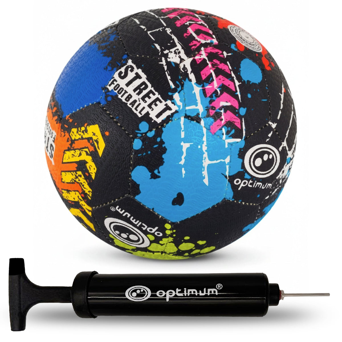 Optimum Street Football, Street graffiti design shown with a hand pump, durable all-surface ball - Optimum