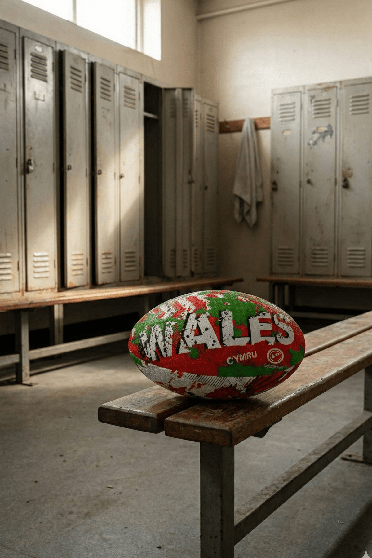 Red, green and white Optimum Wales rugby ball with WALES CYMRU print on a bench by lockers - Optimum