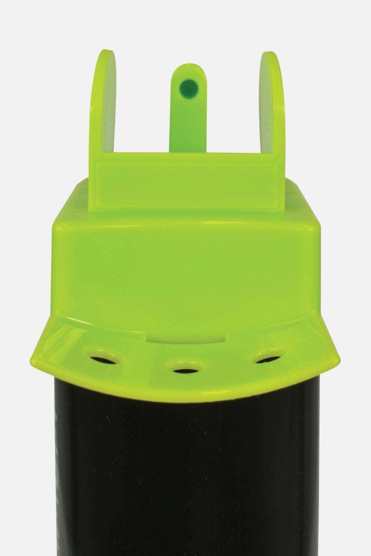 Close-up of green flip-open hygienic spray cap on black Optimum aqua water bottle, white background - Optimum