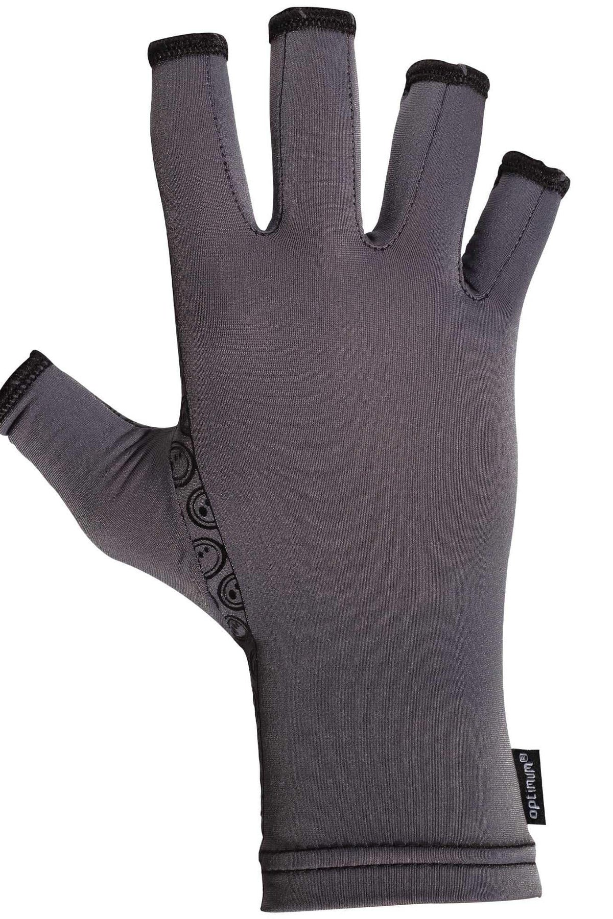 Single grey open-finger arthritis compression glove, back view on plain white - Optimum