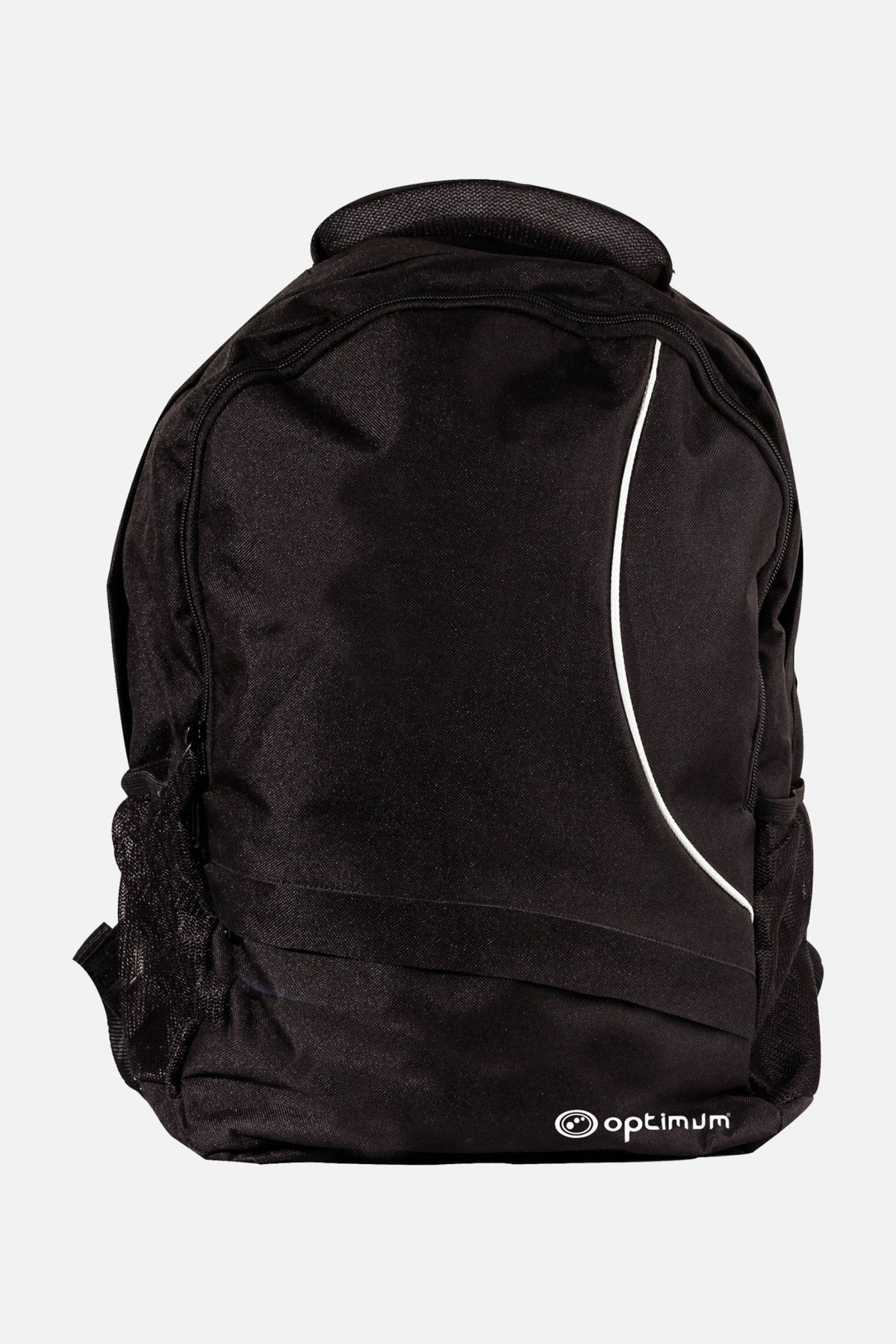 Black Optimum backpack with white curved trim, logo, mesh side pocket and top handle, front view on white - Optimum