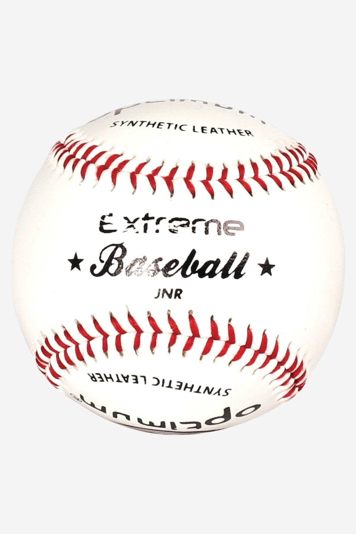 White Optimum Extreme Baseball JNR with red stitching and black print, on white - Optimum