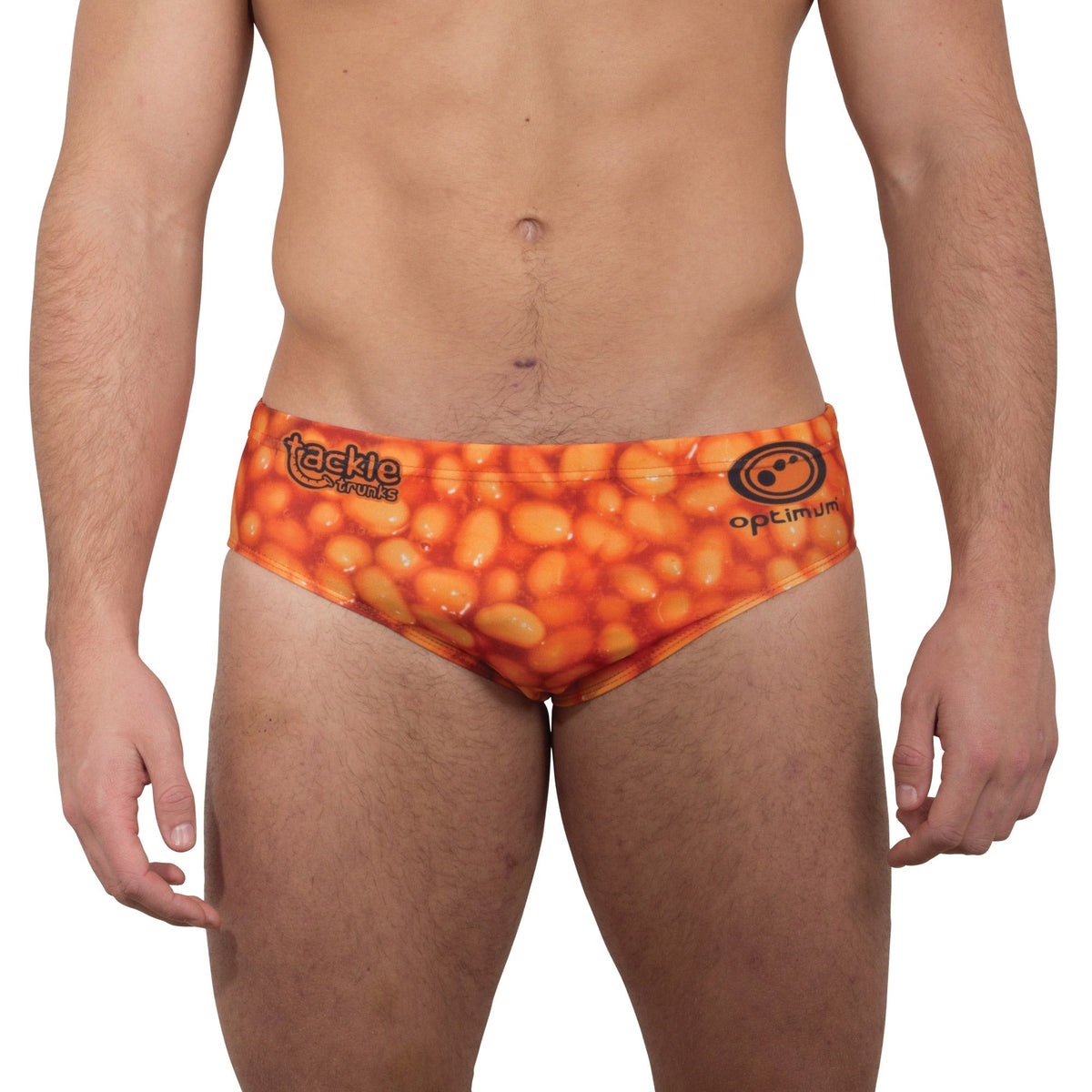 Optimum Tackle Trunks swim brief in orange baked beans print, front view on male model with tackle trunks logo - Optimum