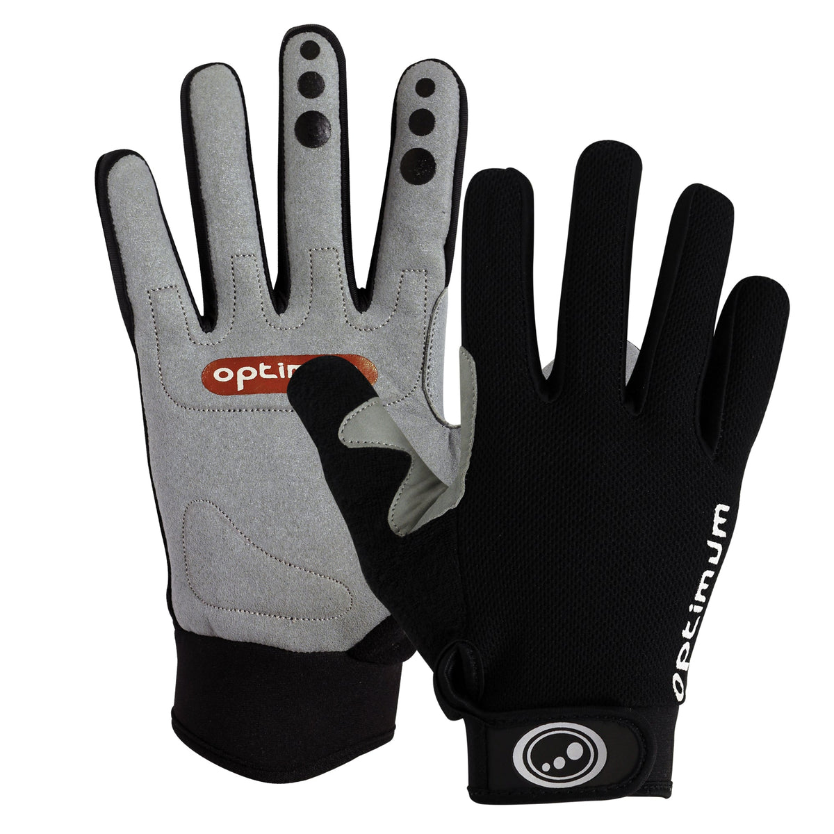 Pair of black and grey Hawkley MTB full-finger cycling gloves, palm and back views on white - Optimum