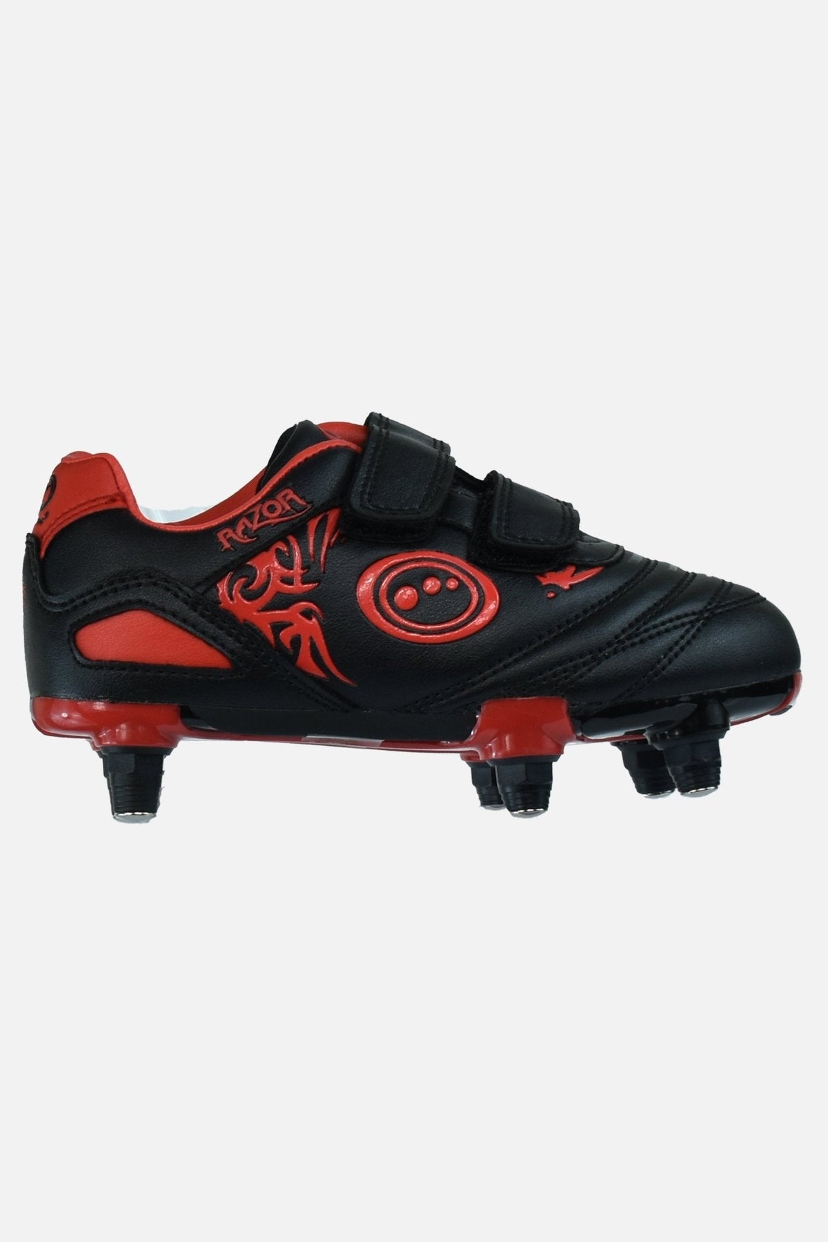 Black and red junior Optimum Razor football boot, side view with red tribal print and twin touch-fasten straps - Optimum