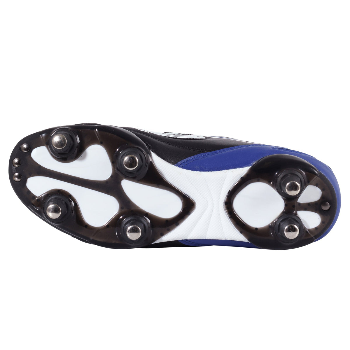 Black, white and blue Optimum Tribal football boot sole showing six screw-in studs, on white - Optimum