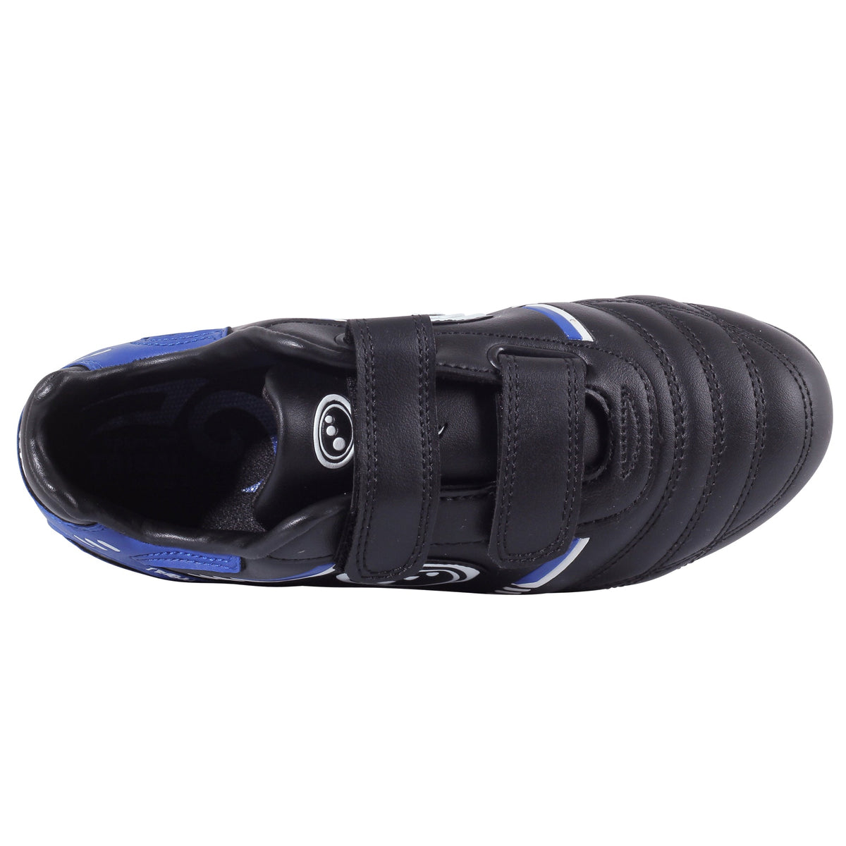 Black Optimum Tribal football boot with blue trim, top-down view showing twin hook-and-loop straps - Optimum