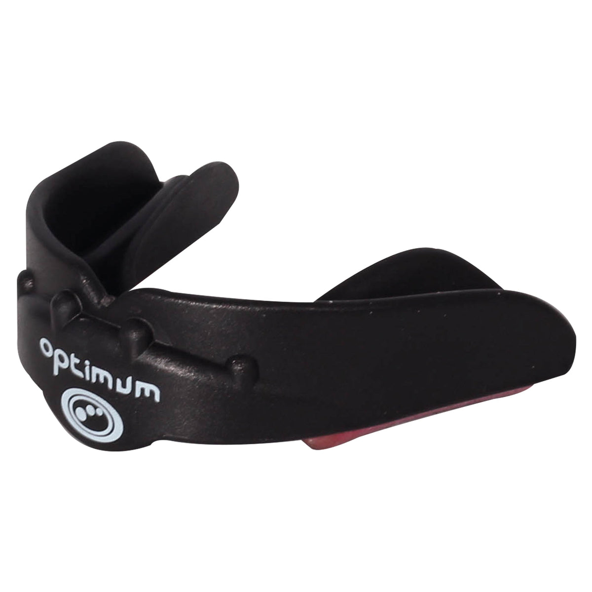 Black Optimum Matrix mouthguard with white logo and red base, side profile close-up on white - Optimum