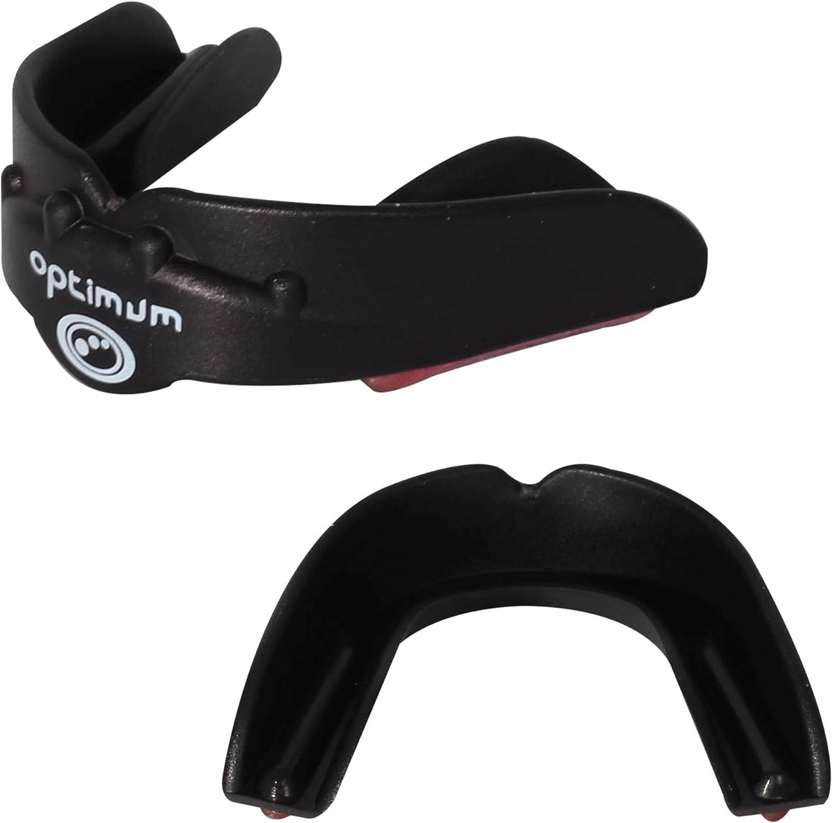 Black Optimum Matrix mouthguard with strap and white logo, two views showing moulded U-shape, on white - Optimum