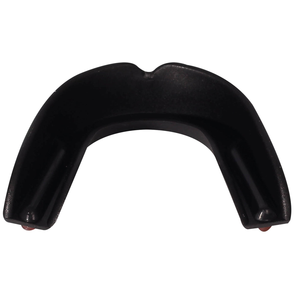 Black Optimum Matrix mouthguard top view showing U-shape with red gel accents, on white - Optimum
