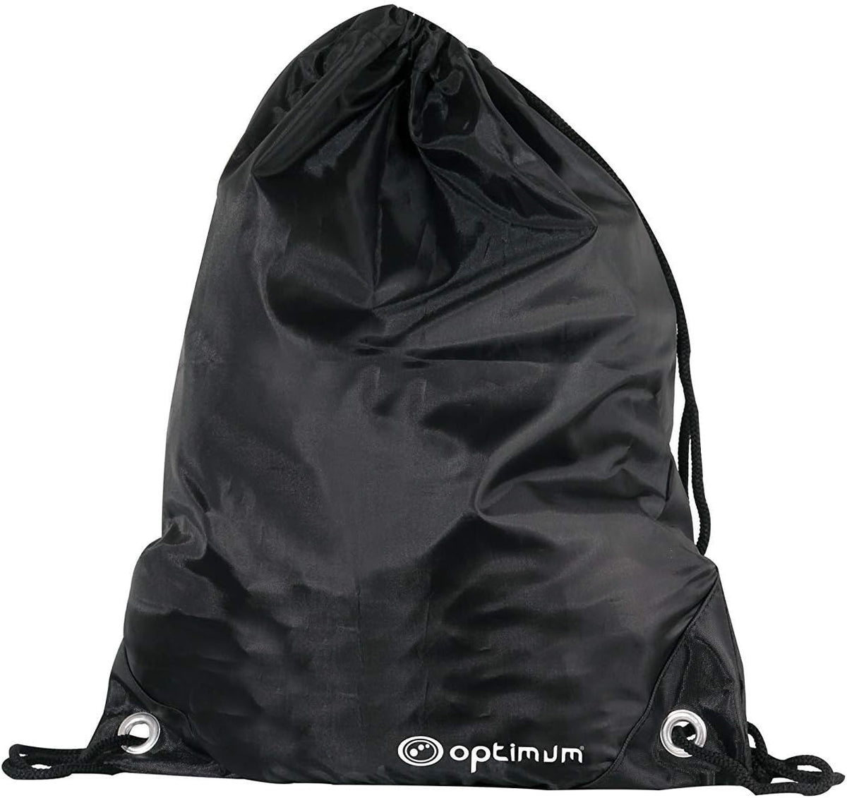 Black Optimum drawstring gym sack with white logo and corner eyelets, filled, on white - Optimum