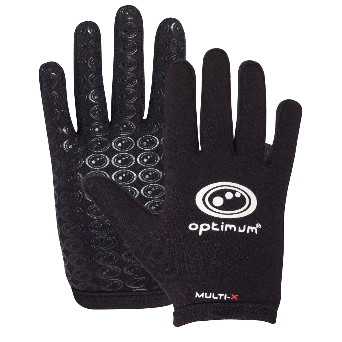 Pair of black Optimum Multi-X full-finger gloves showing white logo back and textured grip palm on white - Optimum