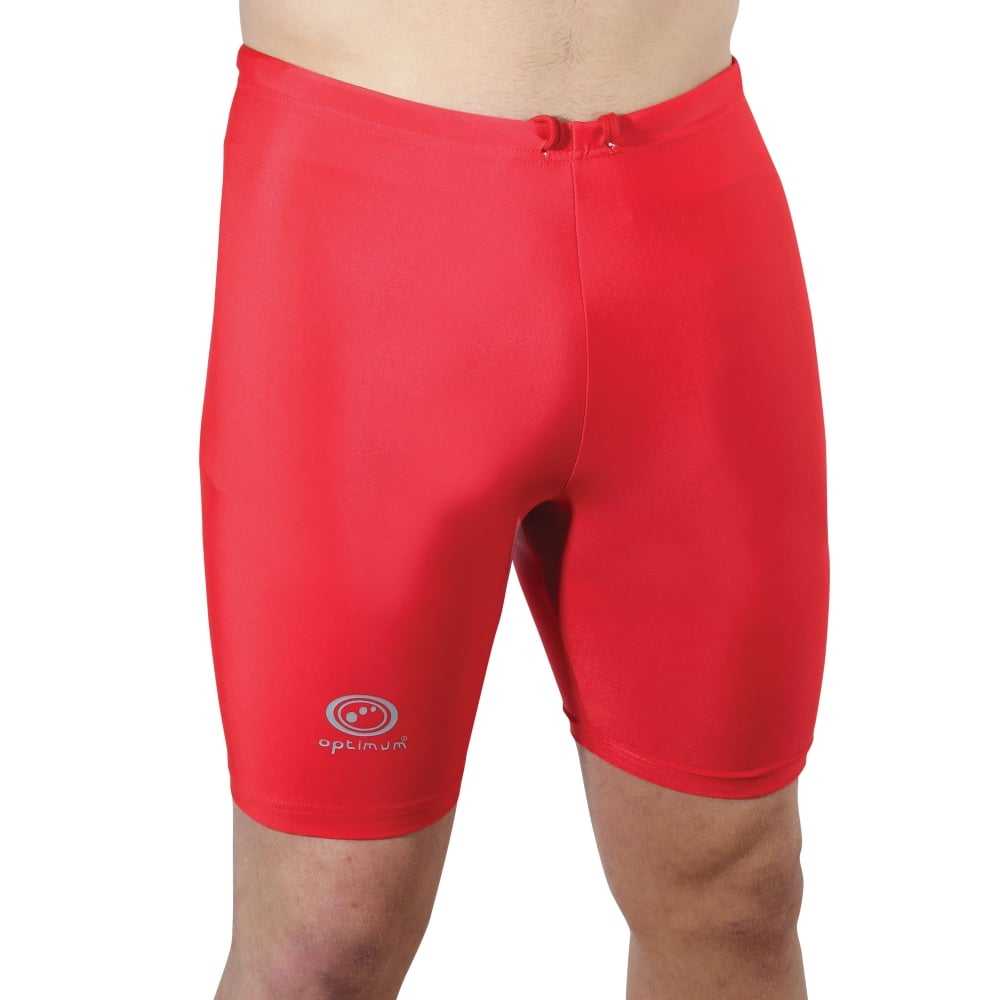 Man wearing red Optimum Multi-X compression shorts, front view with grey logo, on white - Optimum